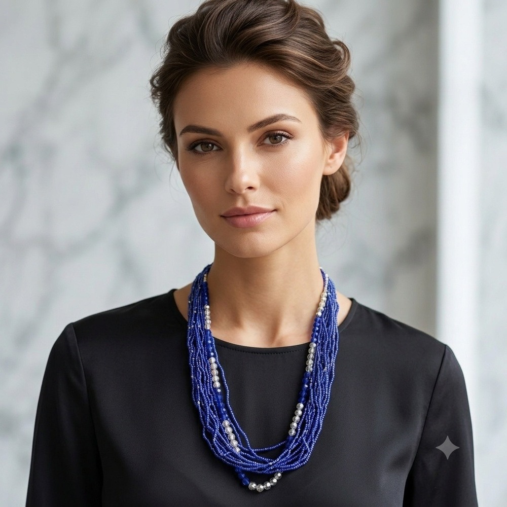 Royal Blue Multi Strand Beaded Statement Necklace 32"‎ Boho Chic Maximalist